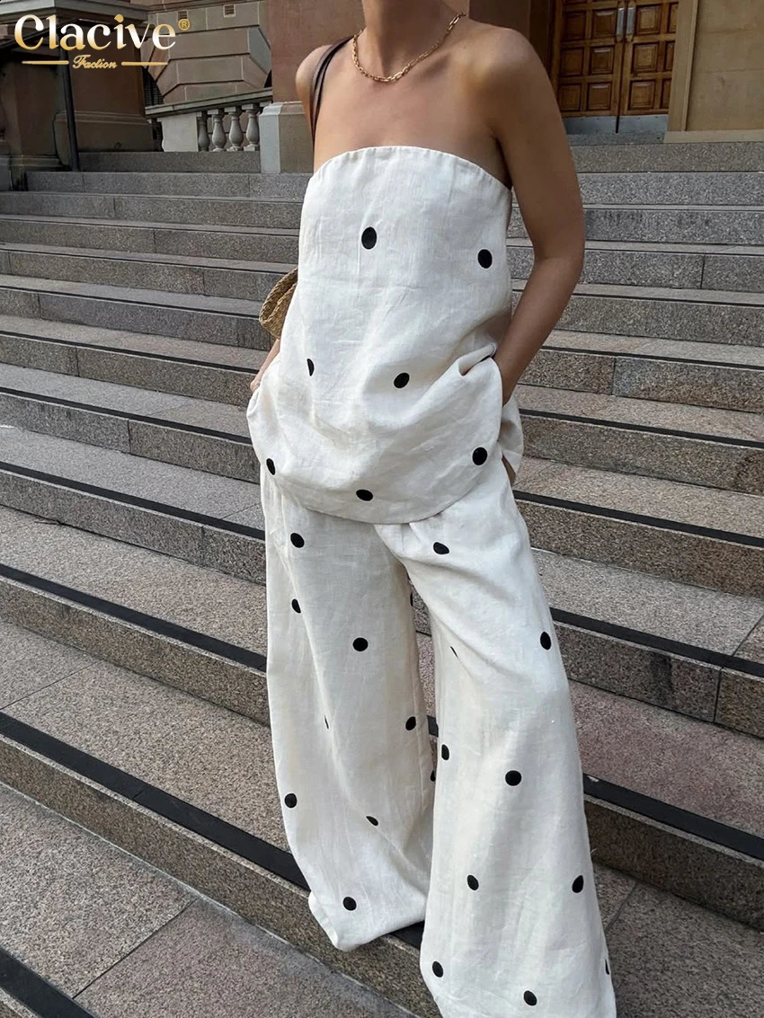 Clacive Sexy Loose Print Cotton 2 Piece Sets Woman Outfit Summer Strapless Tank Top With High Waist Wide Pants Set Female 250823