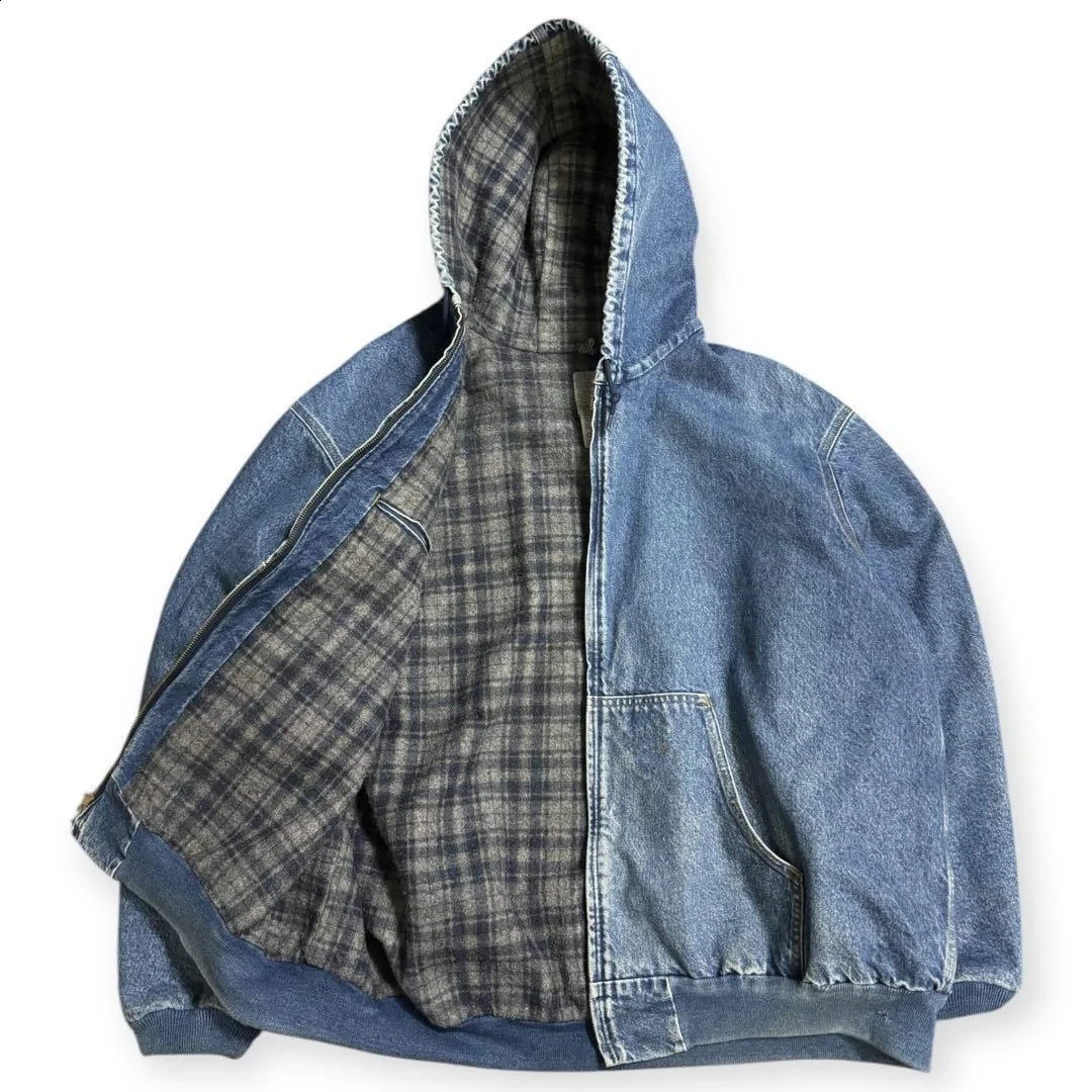 American Retro Washed Old Zip Up Hoodie Men Women Punk Street Style Denim Canvas Jacket Harajuku Loose Casual Workwear Coat Y2k 250819