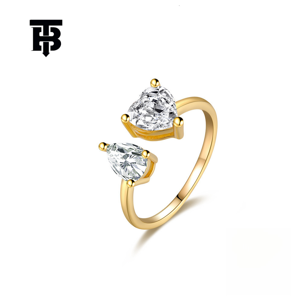 TB Women's Heart Silver-Plated Ring, Adjustable Open Ring with Water Drop Double-Heart Design, Gray Stone Japan-Korean Style Fashion Jewelry for Eve