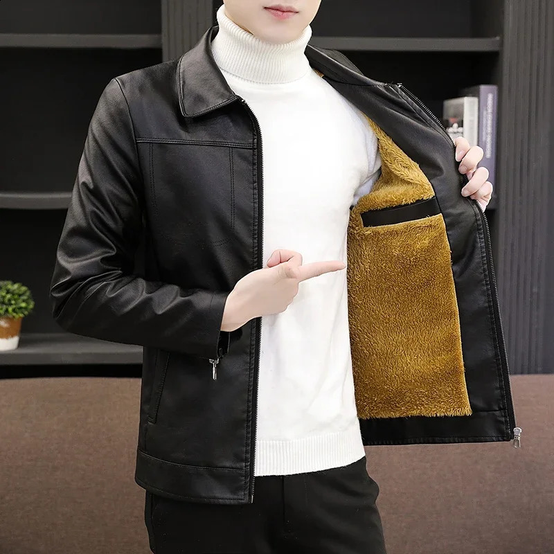 Korean Handsome Mens Leather Jacket Mens Fleece Warm Leather Jackets Men Autumn Winter Trend Plus Size 250818