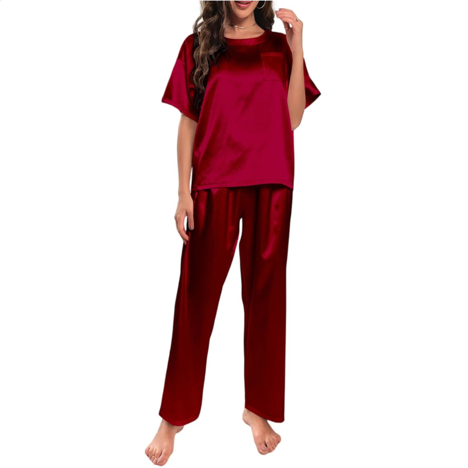 Fashion Ladies Loose Casual Ice Silk Pajamas Solid Color Short Sleeve 2 Piece Comfortable Simple Home Clothes Set 250823