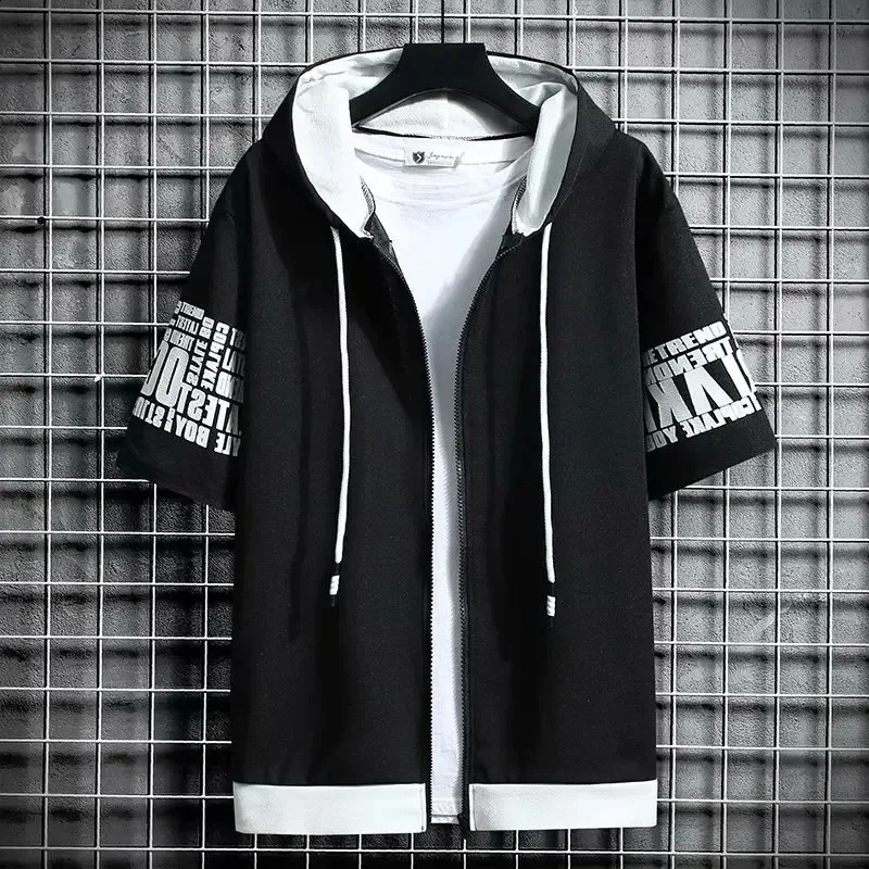 Fashion Mens Hoodies Summer Men Clothing T-shirt Zipper Hood Cartoon Casual T Shirt Print Hooded Top Short Sleeve Men250823