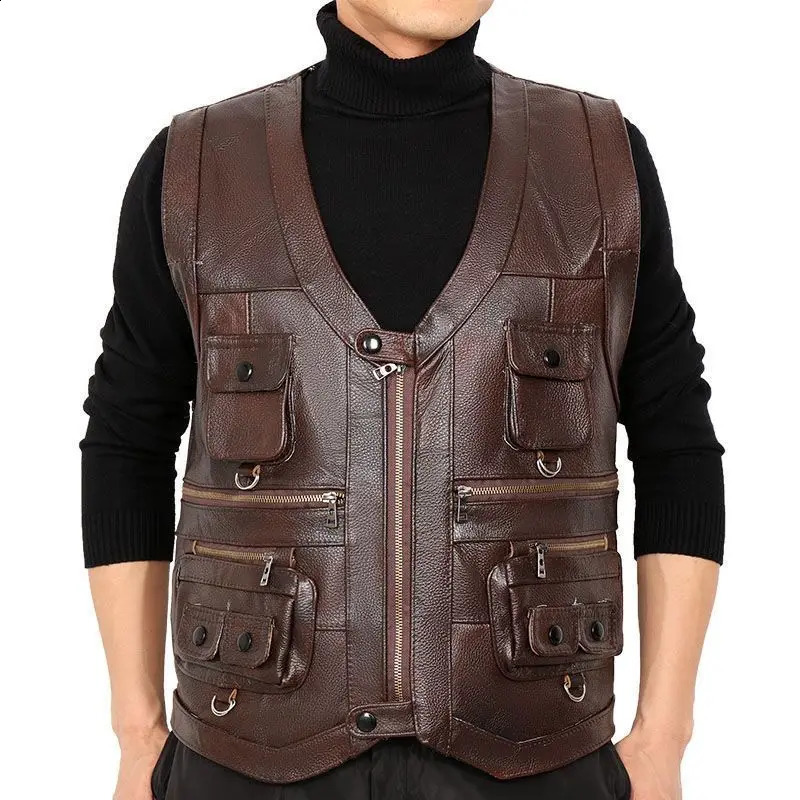 2025 Cowhide Genuine Leather Man Vest Waistcoat Male clothing Jacket Thick Motorcycle Multi Pocket leather biker Men safety vest 250818