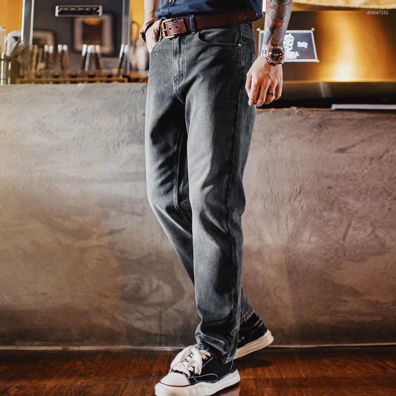 Men's Jeans Maden Vintage 13oz Heavyweight Washed Gray Denim Straight Leg Tapered Pants Casual Trousers For Spring And Fall