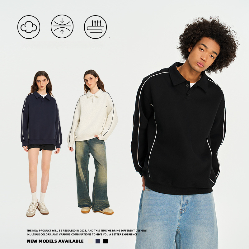 Color t shirt Block Polo Collar Sweatshirt Spring Autumn Unisex Loose Couple Versatile Casual Pullover Top Trendy