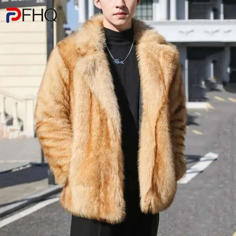 PFHQ Mens Faux Fur Jacket Autumn Winter Turndown Collar Long Sleeve Solid Color Korea Fashion Male Tops 250825