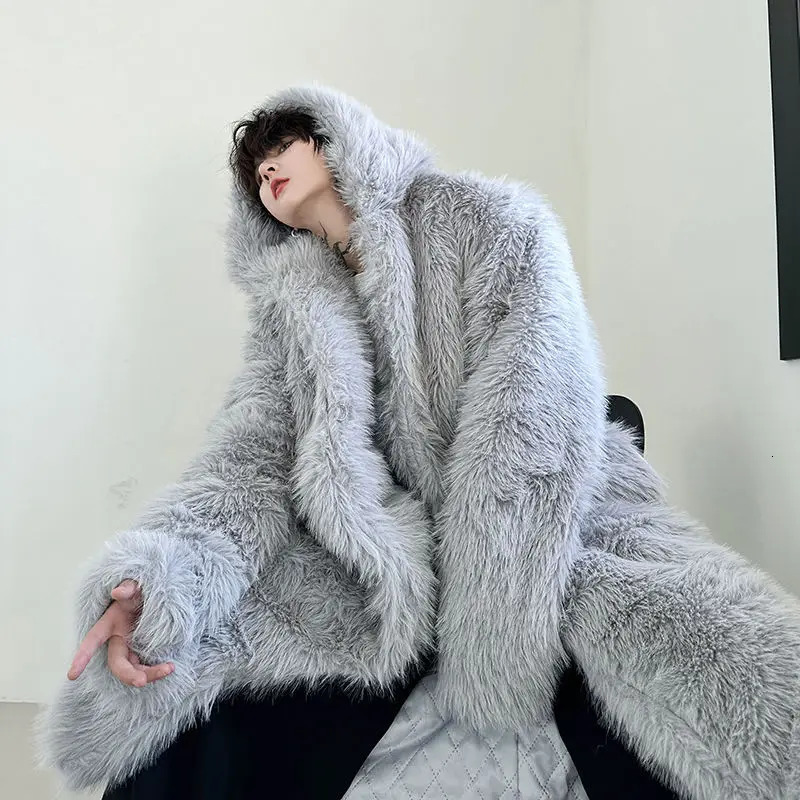 Faux Fur Coats Men Casual Hooded Jackets Solid Round Neck Full Sleeve Longline Loose Fit Single Bteasted Thick Warm Winter 250825