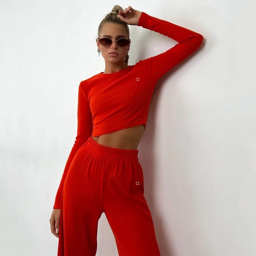 A1040 3D Women Casual Solid Color Suit Fashion Autumn Spring Two-piece Knitted Shirt Suit Top Wide-leg Pants Long Sleeve Suit-image-1070780474