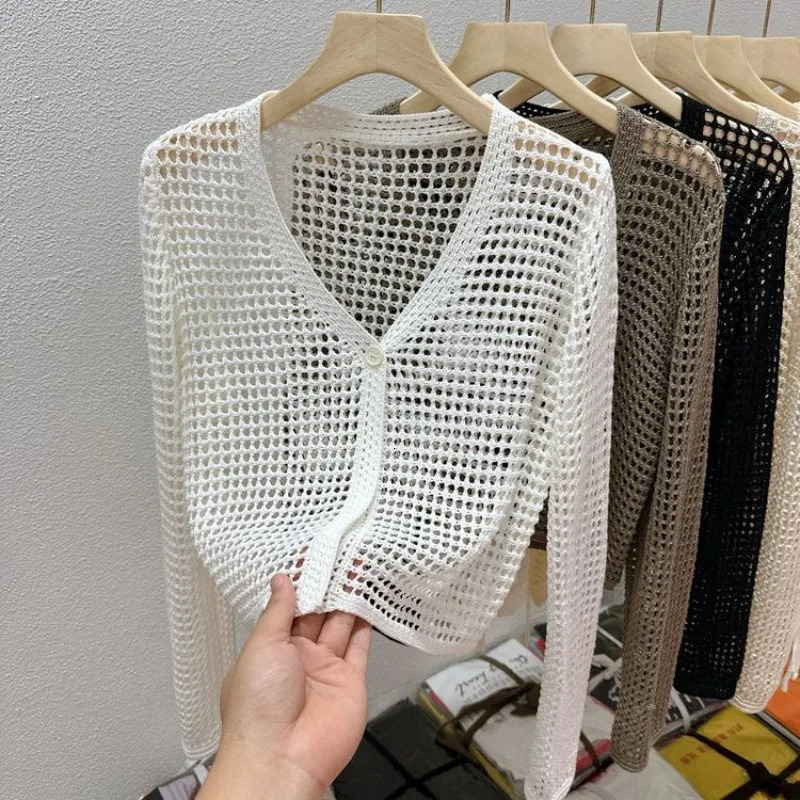 Hollow Mesh Ice Silk Sunscreen Jacket for Womens Summer Long Sleeved Outerwear with Small Shawl Knitted Cardigan250825