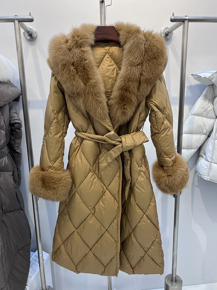 Fashion Winter Women Long Goose Down Jacket Natural Real Big Fox Fur Collar Thick Warm Belt Parka Coat Fur Coat 250825