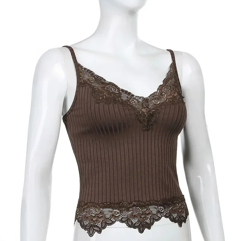 Goth Aesthetic Lace Patchwork Tank Tops For Women Sexy VNeck Brown Retro Crop Tops Summer Fashion Casual Camisole 250825