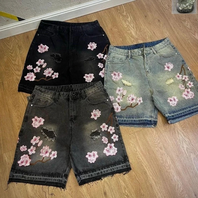 Y2K Harajuku baggy Denim Shorts embroidery plum blossom pattern Denim Shorts Men Women Hip Hop Gothic Summer Casual Streetwear 250825
