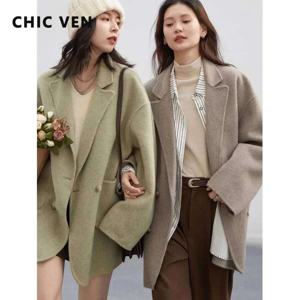Women's Wool CHIC VEN Women's Woolen Coats Loose Casual Double Breasted Retro Double-Sided Jacket Office Lady Outerwear Autumn Winter 2023