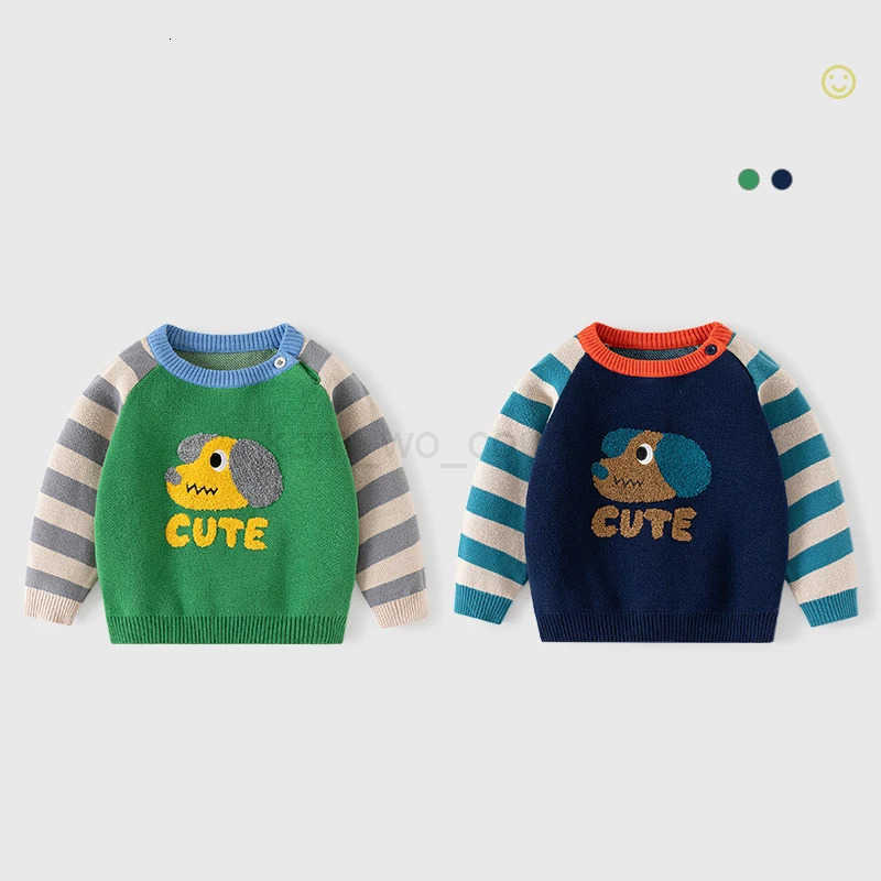 Autumn Winter Kids Baby Boy Knitwears Dog Knitted Striped Sleeves Contrast Toddler Boy Sweater Cartoon Pullover Child Boy Top M250825