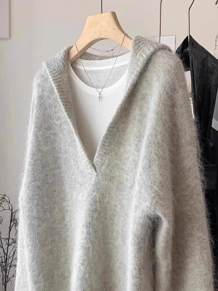 Advanced Gray Alpaca Wool Sweater WomenS Autumn And Winter Big Collar VNeck Fluffy Loose Casual Top 250825
