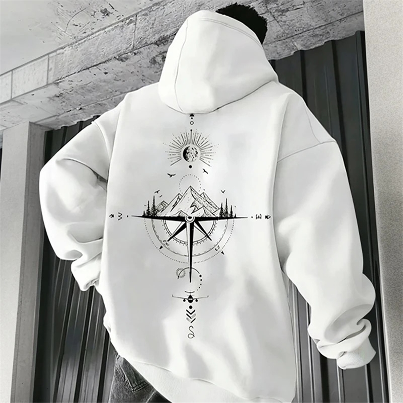 Vintage Compass Print Hoodies for Men High Quality Hooded Long Sleeve Pullover All Season Daily Casual Sports Tops Mens Clothes250823
