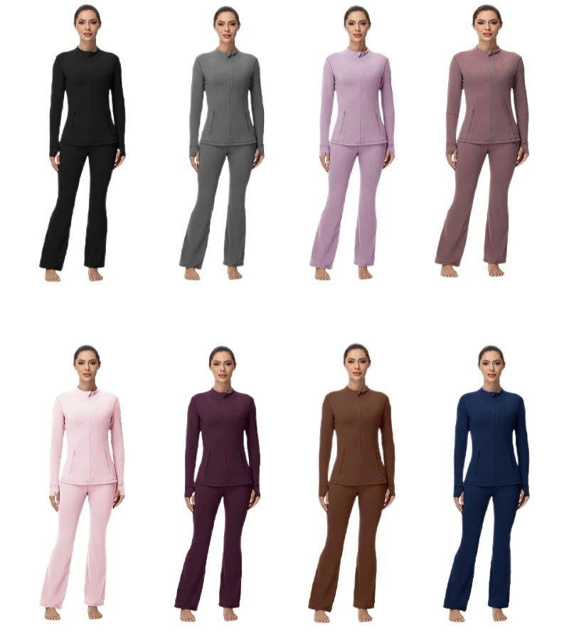 Women Two-Piece Yoga Set Jacket Flare Pants Set Multiple Colors Zipper Jacket Flare Leg Design Elastic Fabric Slim Fit Sports Leisure Matching Outfi