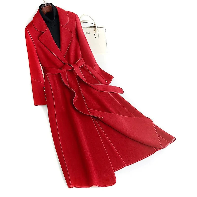 Double sided Cashmere Coat Womens Autumn/Winter Warm Woolen Jacket With Belt Womens slim Temperament Long Overcoat 250825BJ