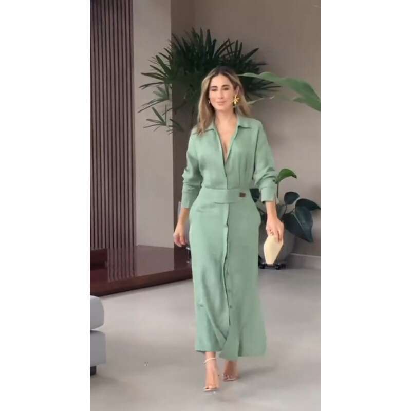 European and American Foreign Trade Women's Fashion Cross-Border Blue Elegant Spring Summer Commuting Long Sleeve Dress