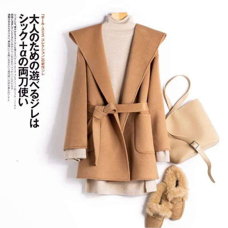Women's Wool Korean Design Women Double-Sided Cashmere Mid-Length Hoodie Coat With Belt Lace Up Hooded Slimming Wool Jacket Autumn Winter