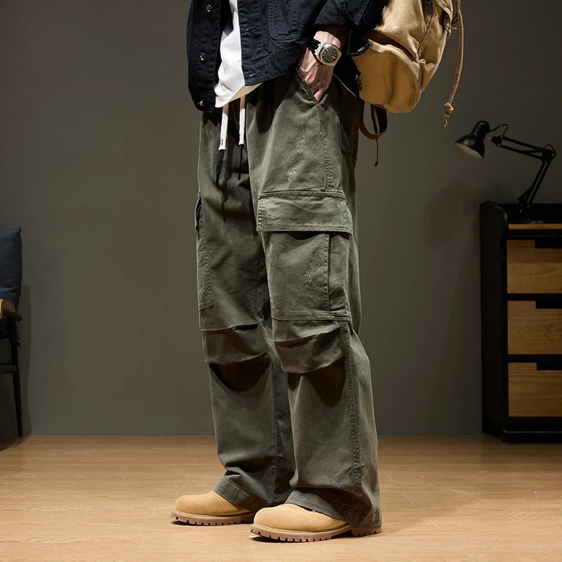Mens Baggy Cargo Pants with Pockets 100 Cotton Drawstring Elastic Waist Wide Leg Outdoor Casual Plus Size 8XL 250815