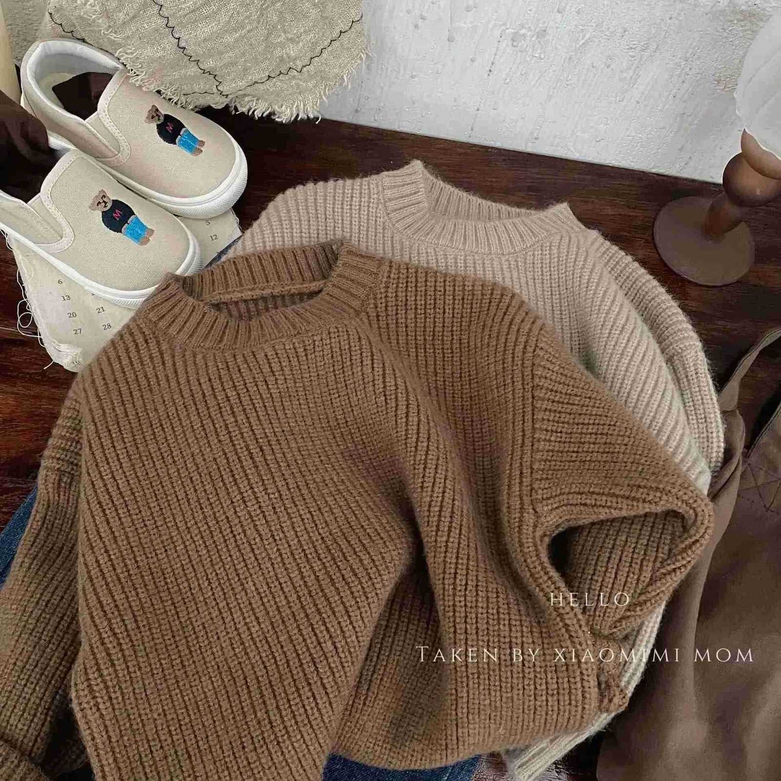 Korean Style Autumn Winter Baby Girls Boys Knitted Sweaters Brown Oneck Long Sleeves Pullover Undershirts Kids Outerwear M250825