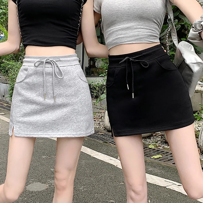 Women High Waist Sports Skirt Drawstring Split Pocket Slim Knit Aline Run Shorts Skirts Sexy Solid Simple Mini Bodycon Skirt 250825