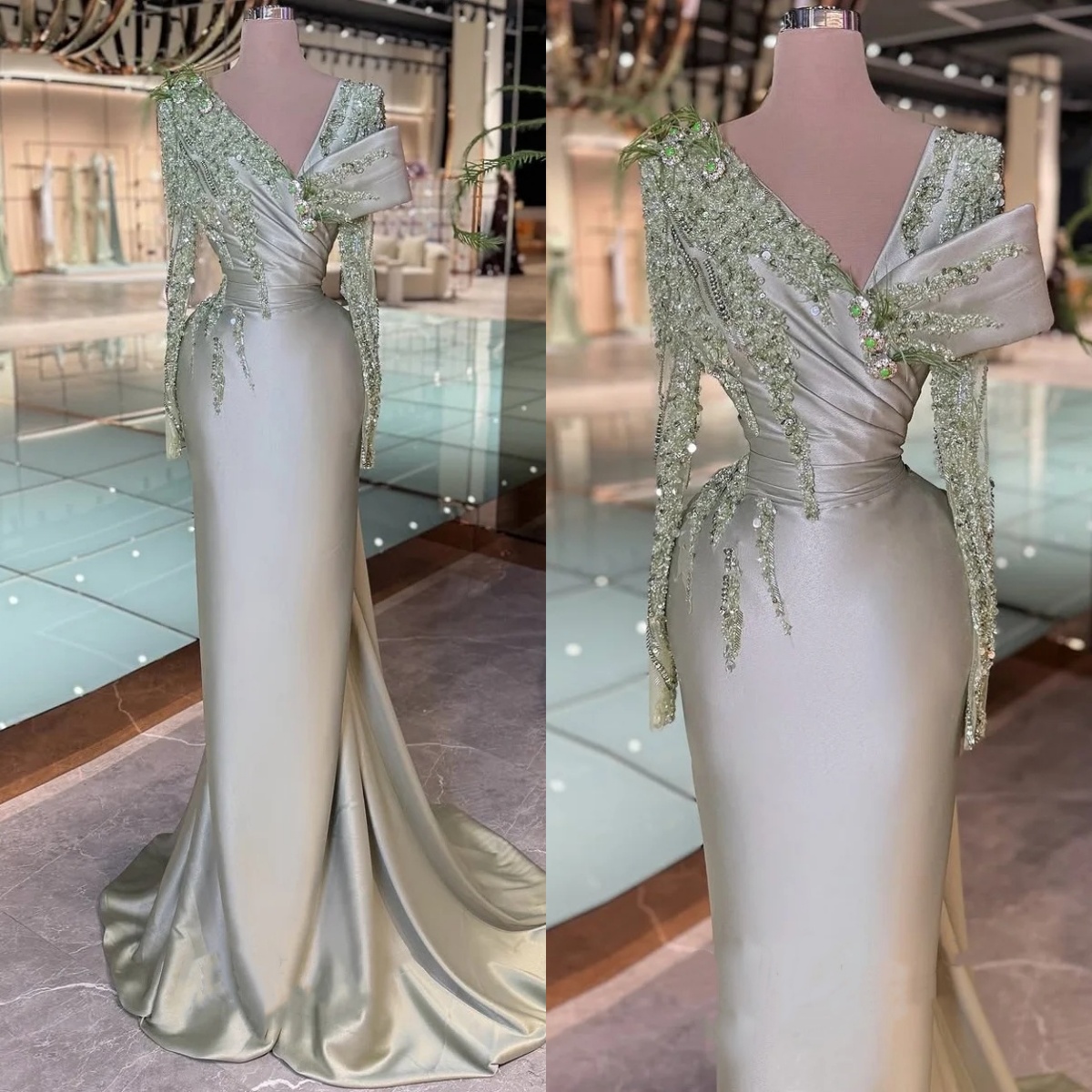 Classic Sequins Evening Dresses Feather V Neck Prom Gowns Long Sleeves Crystal Princess Sweep Train Customized Vestidos De Noche Plus Size