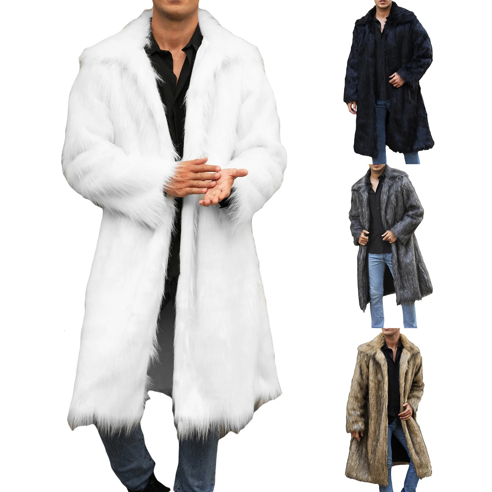 Men Faux Fur Coats Casual Solid Color Warm Long Sleeve Pea Coat Winter Cardigan for Streetwear Outerwear 250825