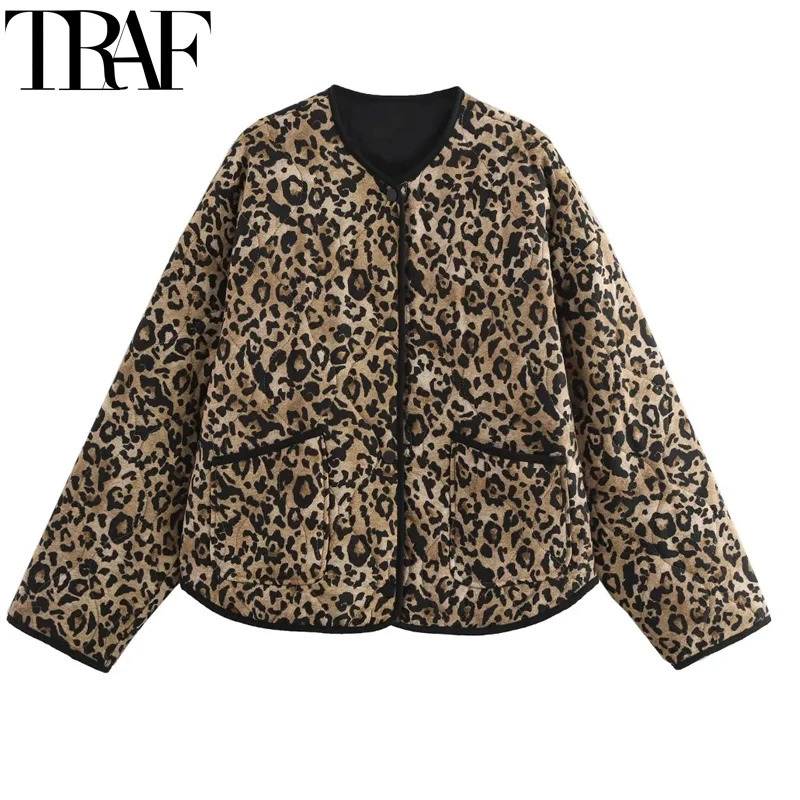 TRAF Women Winter Coats Vintage Leopard Quilted Jacket Woman Outerwears Autumn Long Sleeve Short Padded Jacket Warm Woman Coats250825
