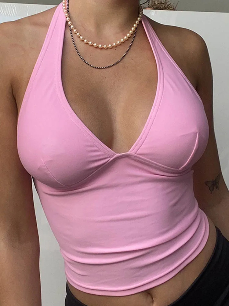 Summer Halter Camisole Tank Top Women VNeck Sexy Tanks Camis Skinny Backless Pink Corset Tee Shirt Femme Tops WomanTshirt 250825