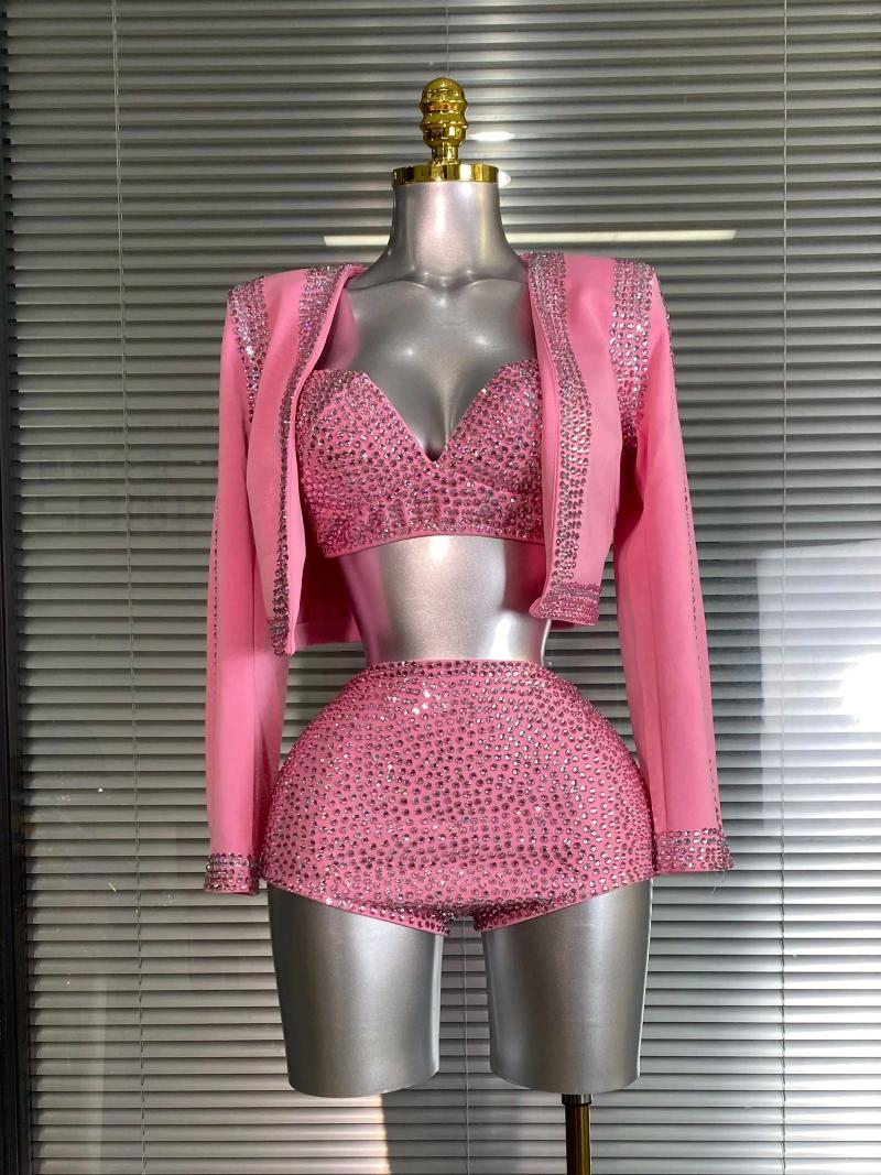 Women's Tracksuits Women Sexy Two Pieces Set Pink Crystal Diamond Night Club Short Pants Suits Coat Dancer Stage Performance Costume