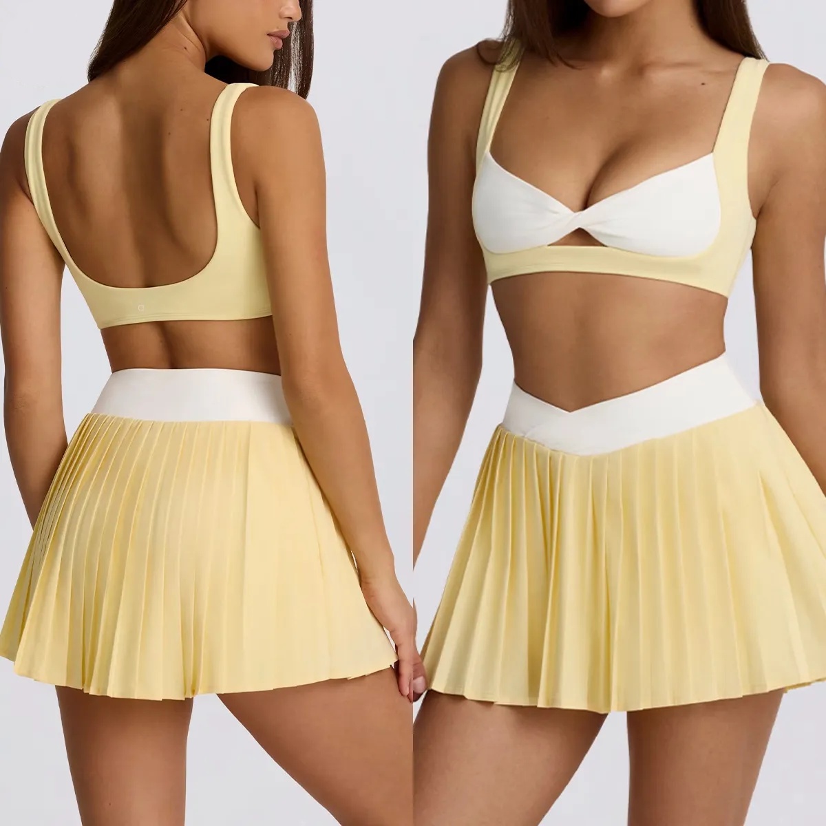 A1177 Sexy Detachable Bra Running Yoga Seamless Color-Blocking Bra Knotted Halter Beautiful Back Sports Underwear Pleated Skirt Short Skirt Tenni-image-1071270080