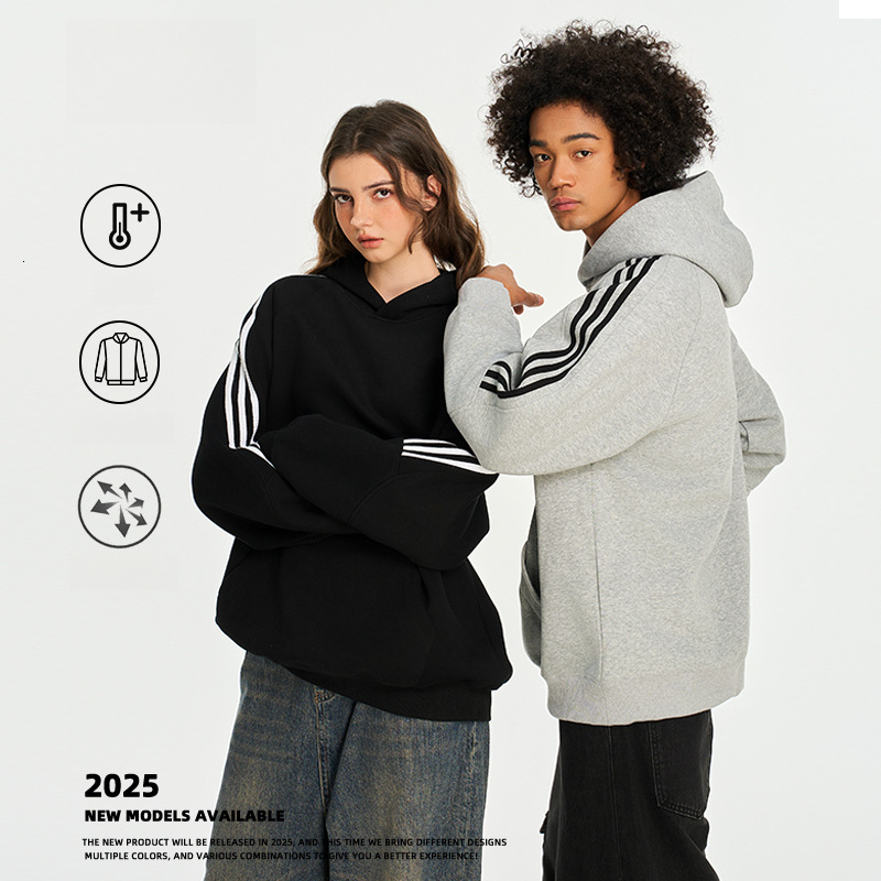 t shirt 420g American Style Three-Stripes Hooded Sweatshirt Unisex Spring Autumn Solid Color Trendy Long Sleeve Couple Tops