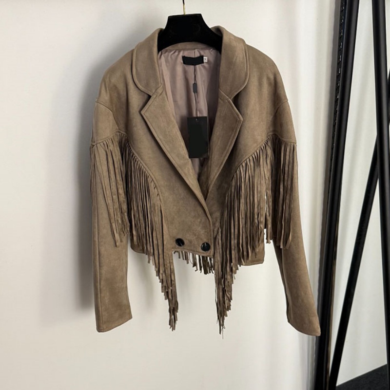 Designer Cropped Tassel Jacket Womens Vintage Elegant Faux Suede Jackets Autumn Winter Birthday Party Trendy Blazer Coat