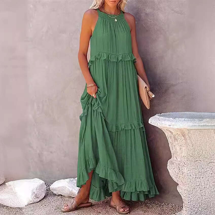2025 Summer New European and American Style Vacation Ruffled Long with Wide Hem Flowy Beach Dress for Women