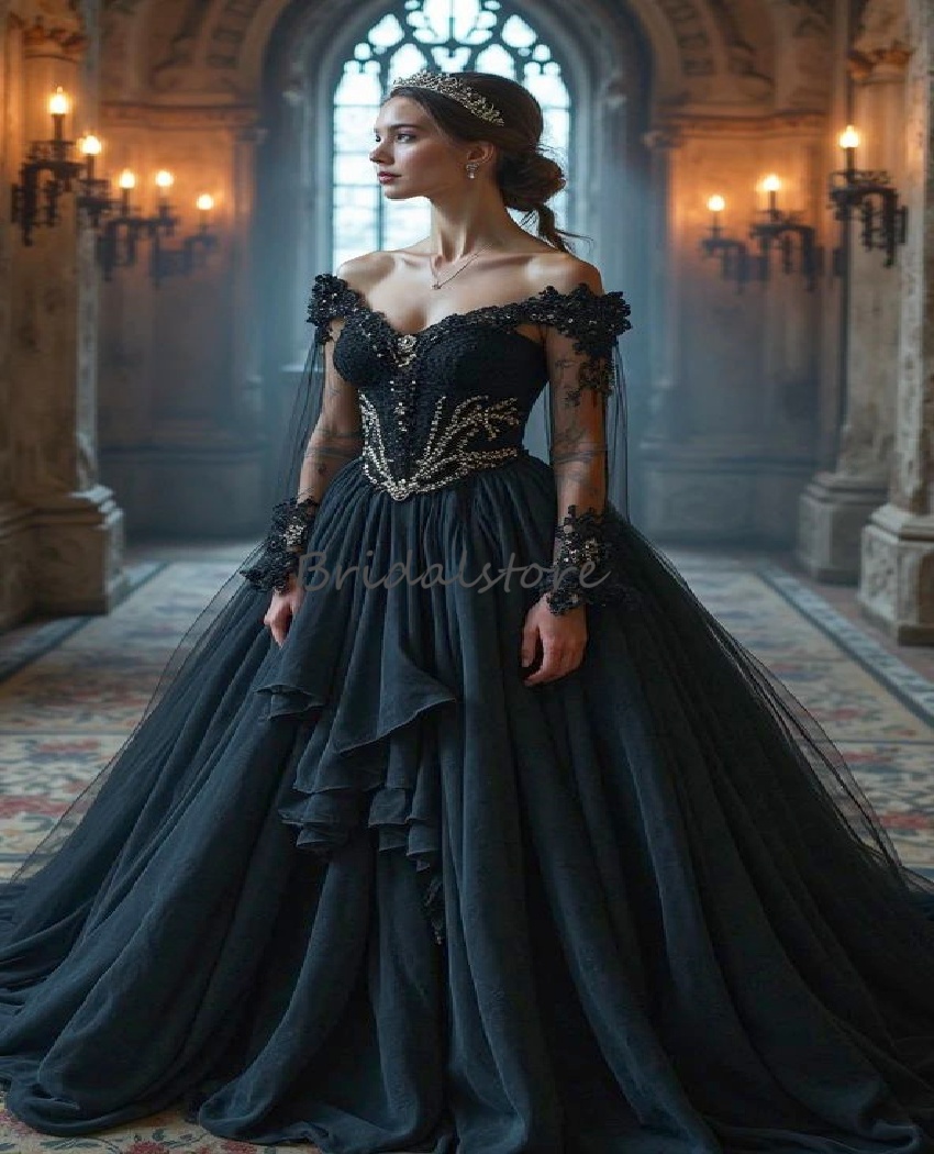 Vintage Black Gothic Wedding Dress Halloween Victorian Bride Dress Off Shoulder Long Sleeve Lace Renaissance Bridal Gown Vampire Crystal Vestio De N