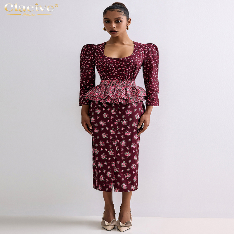 Clacive Fashion Loose Print Dresses Sets For Women 2 Pieces Bodycon U-Neck Long Sleeve High Waist Girdle Midi Slit Dress Set 250823