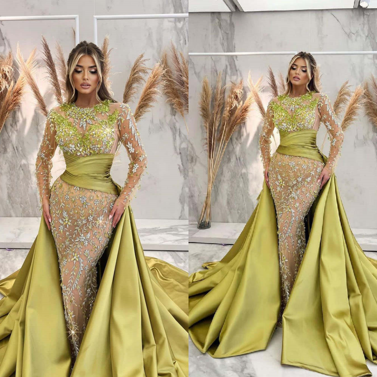 Gorgeous Crystals Prom Gowns O Neck Long Sleeve Mermaid Evening Dresses Beadeds Formal Occasion Dresses Party Customized