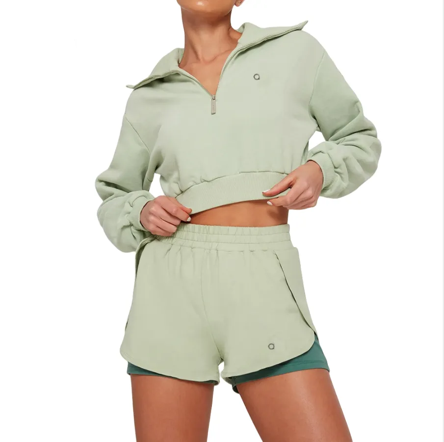 A1165 3D Leisure sports suit half zipper short solid color long sleeve sweater color matching fake two-piece shorts female-image-1071141494