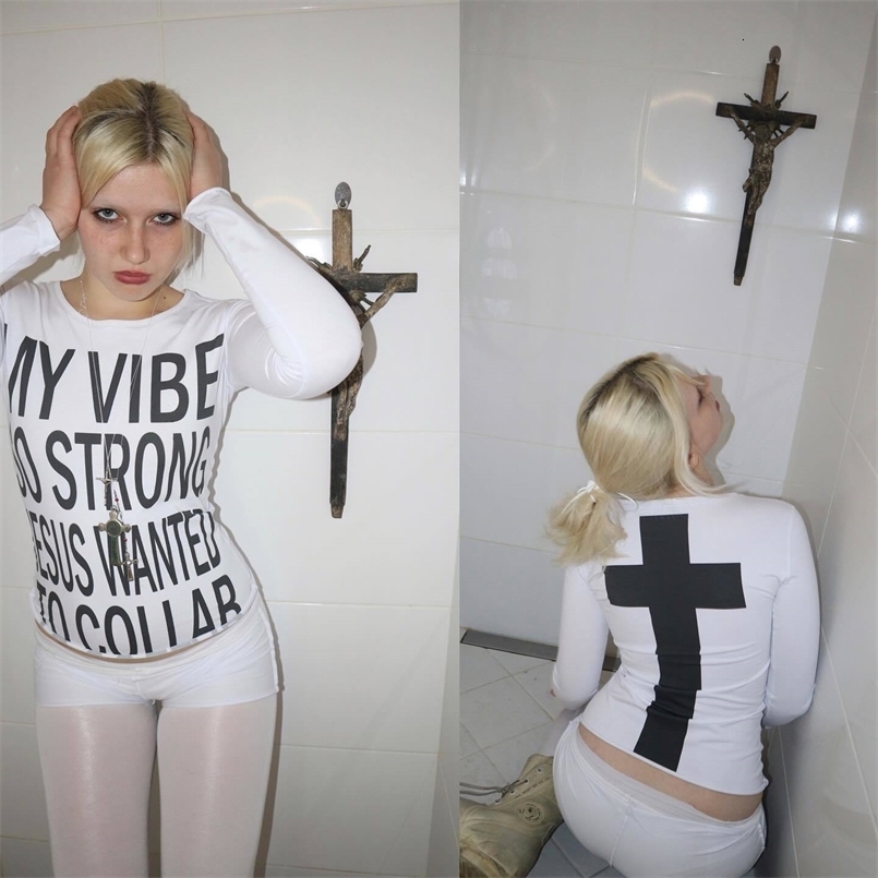 Vintage Y2k Womens T-shirt White Trash monogram print Cross Pattern Long sleeve T-shirt Harajuku Aesthetic Street American emo250823ww