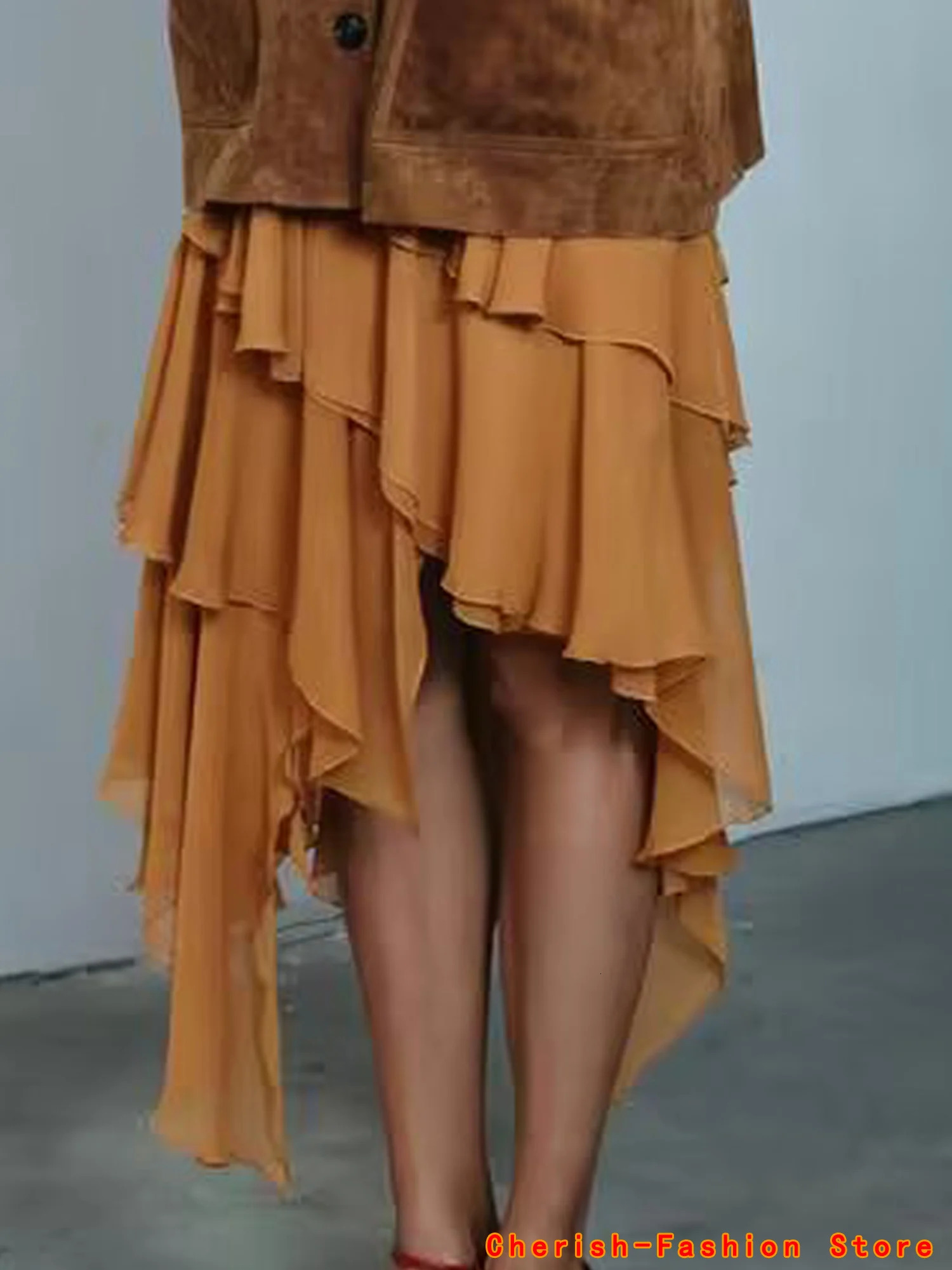 European and American style summer fashion womens clothing midwaist layered decorative midi skirt Irregular Ruffles 250825