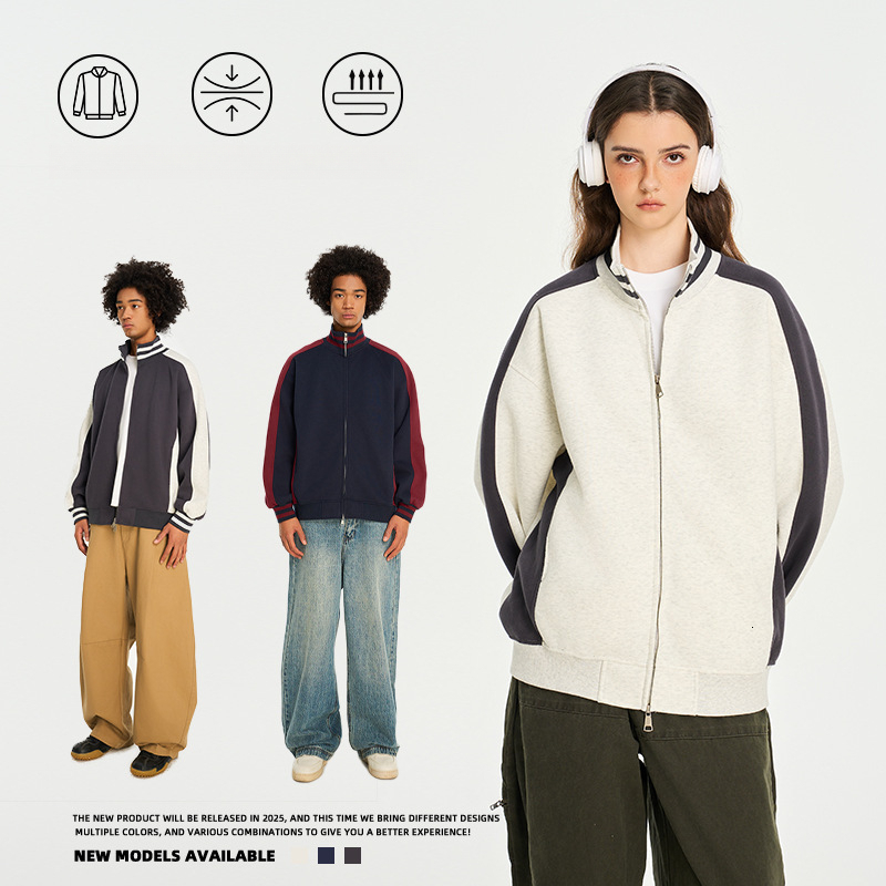 American Patchwork Striped Stand Collar Cardigan Sweatshirt Unisex Trendy Brand Color Block Ins t shirt Style Jacket Coat