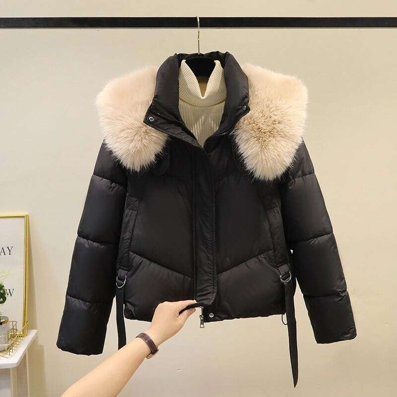 Loose Designed Warm Coat with Big Faux Fur Collar Winter Liner Jacket for Petite Cute Women