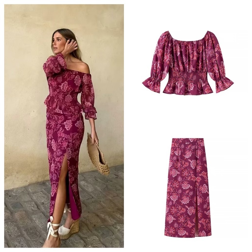 European and American style printed suit for women oneshoulder slim longsleeved shirt with highwaisted straight slit ski 250823