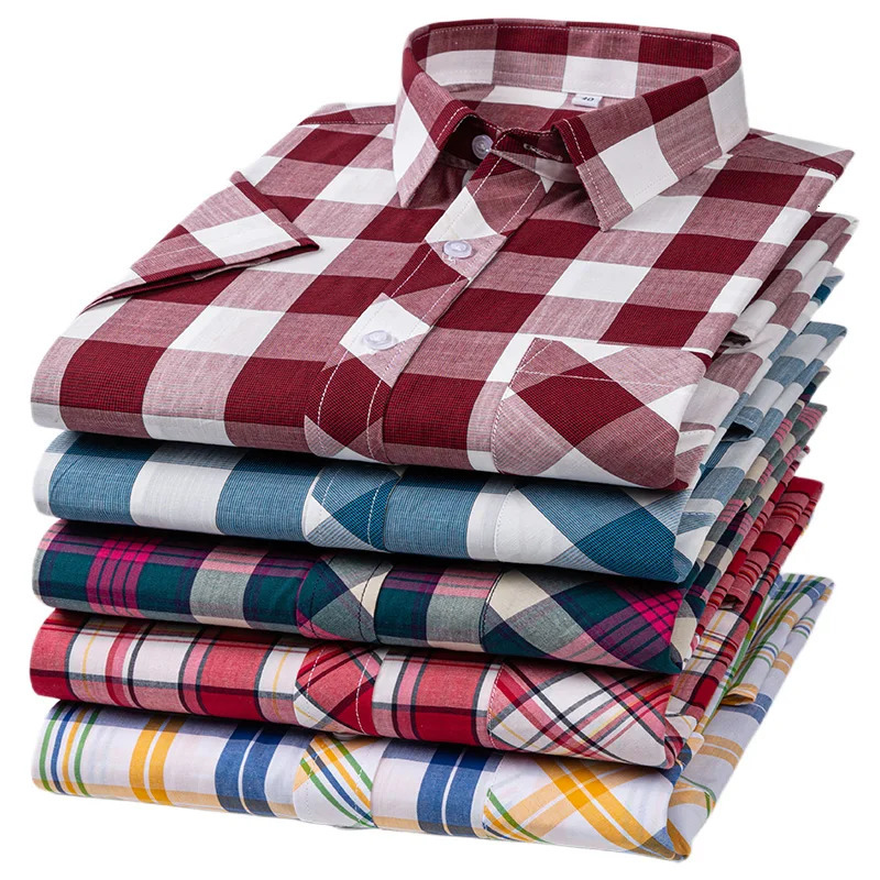 Plus Size 8XL 7XL Mens Shirts Short Sleeve Summer 100%Cotton Plaid Shirt Fashion Thin Soft Classic Basic Casual Man Clothes 250825