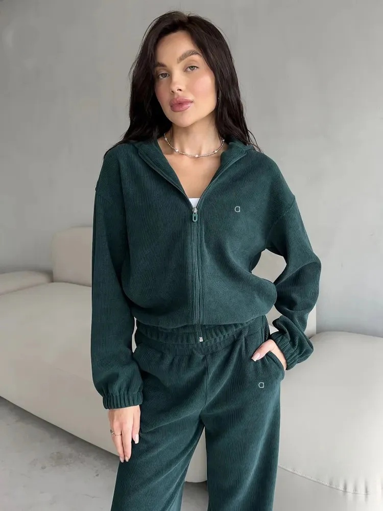 A985 Women&#039;s Casual Suit Solid Color Long-sleeved Hooded Cardigan Sweater Elastic Waist Wide-leg Pants with 3D Logo-image-1070621865