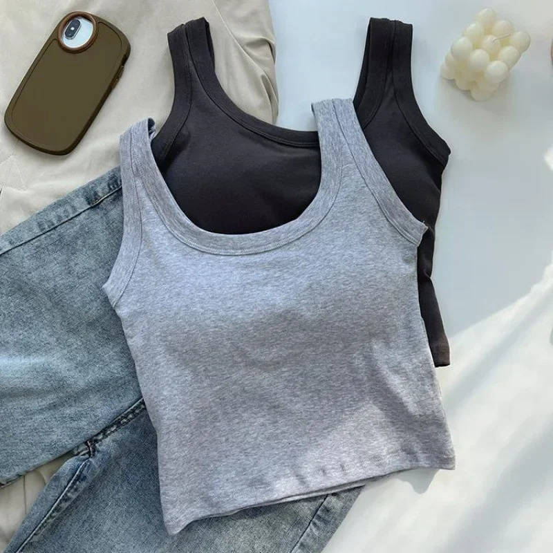 Womens Vest OnePiece No Steel Ring Cotton Chest Pad Wide Shoulder Sports Yoga Vest Underwear Black White Bra Tank Top Women 250825