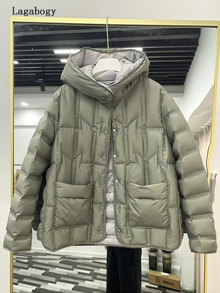 Lagabogy 2025 Winter Women 90% White Duck Down Coat Female Stand Collar Single-Breasted Puffer Jacket Casual Loose Hooded Parkas250825