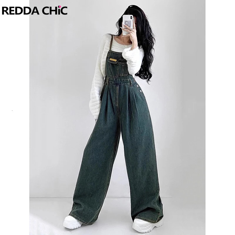 REDDACHiC 90s Retro Green Wash Women Jumpsuit Pleated Pocket Bib Pants Wide Leg Denim Overalls Loose Casual Y2k Dungaree Rompers 250825